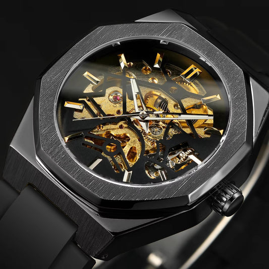 Luxury black and gold skeleton watch on a dark background