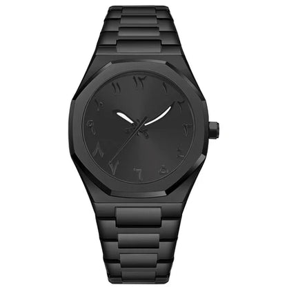 Black wristwatch with a metallic band on a white background
