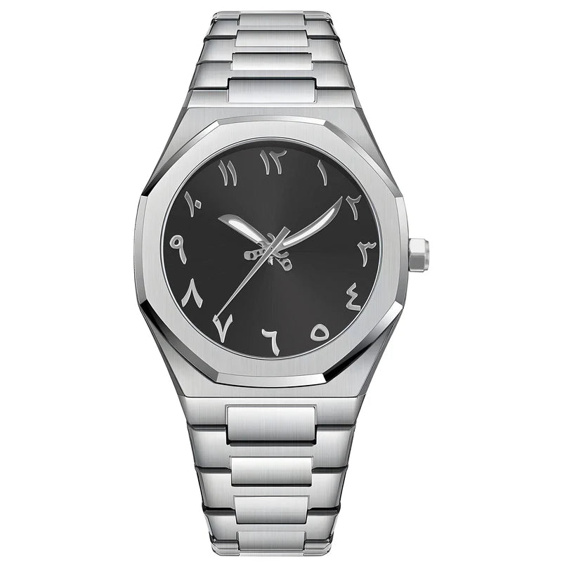 Silver watch with black dial on a white background