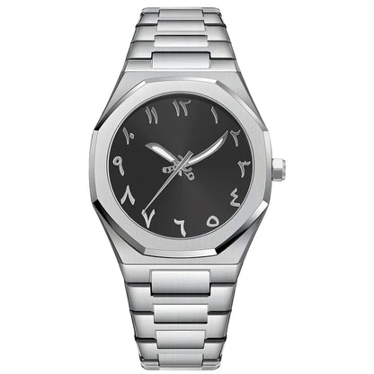 Silver watch with black dial on a white background