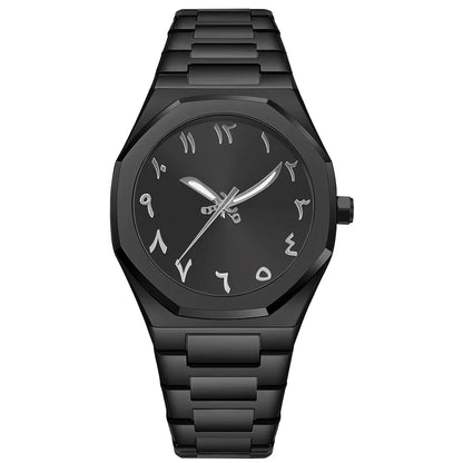 Black wristwatch with metallic band on a white background