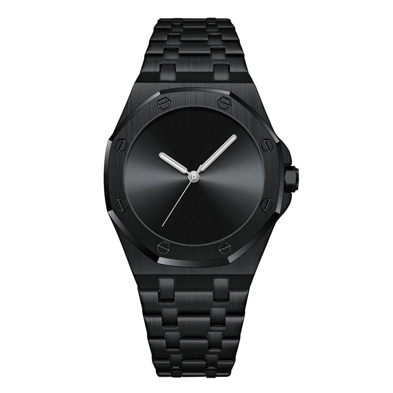 Black wristwatch with a metallic finish on a white background