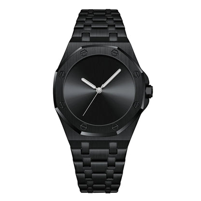 Black wristwatch with a metallic finish on a white background