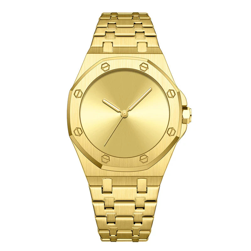 Gold watch with a white background