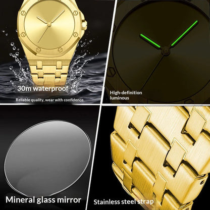Gold watch with features highlighted on a black background
