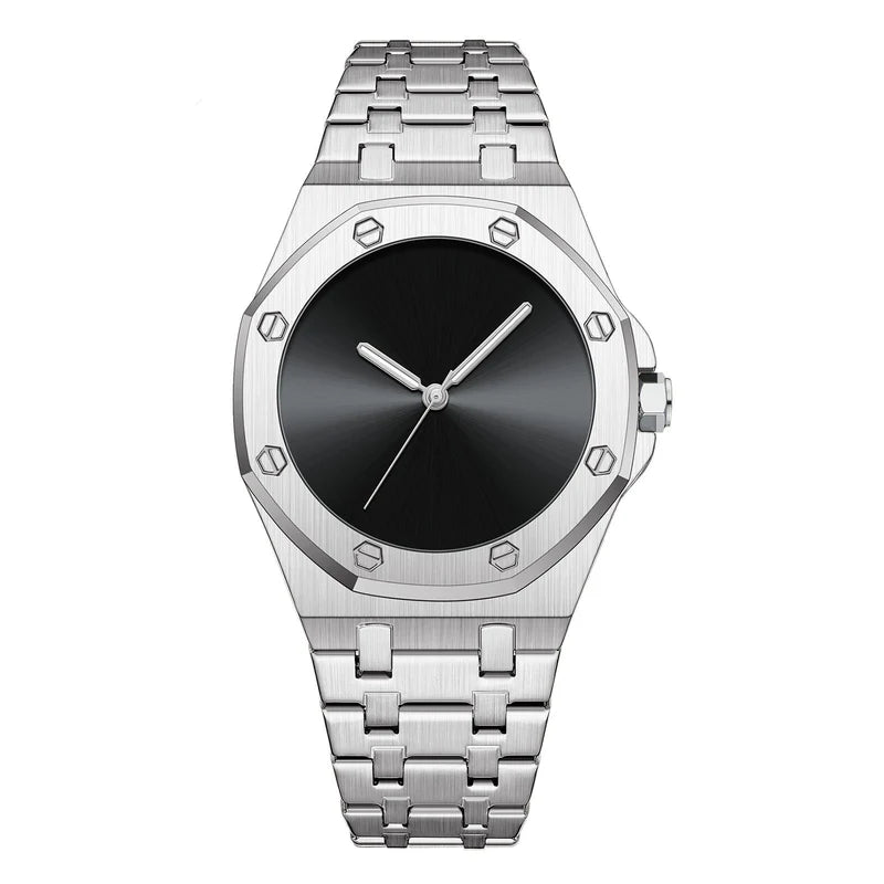 Silver watch with black face on a white background