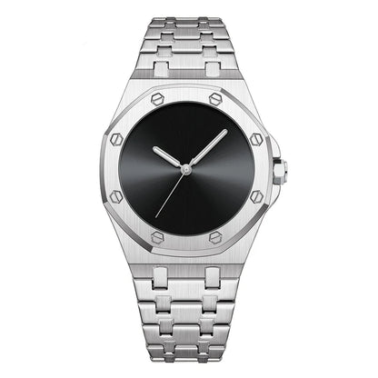 Silver watch with black face on a white background