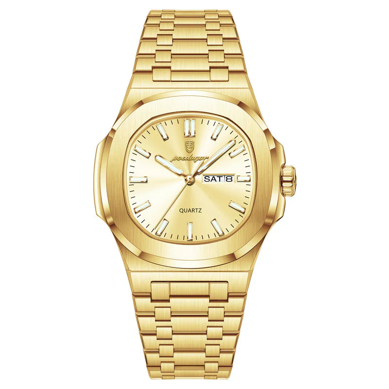Gold wristwatch with a white background