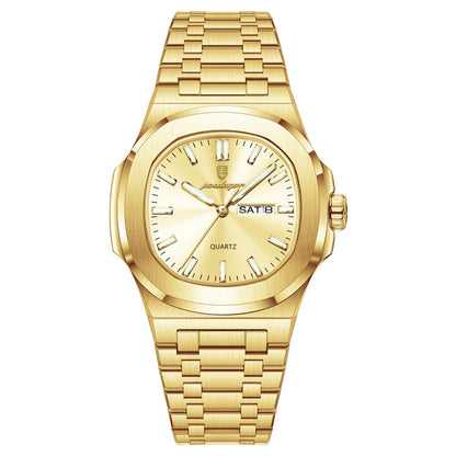 Gold wristwatch with a white background