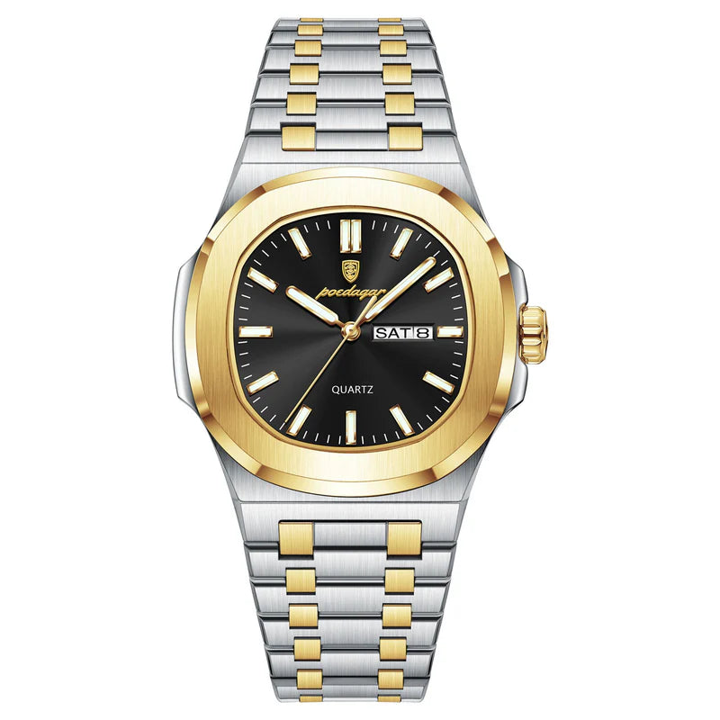 Two-tone silver and gold watch with black dial on a white background