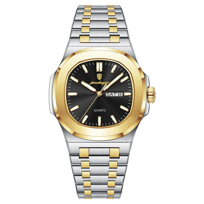 Two-tone silver and gold watch with black dial on a white background