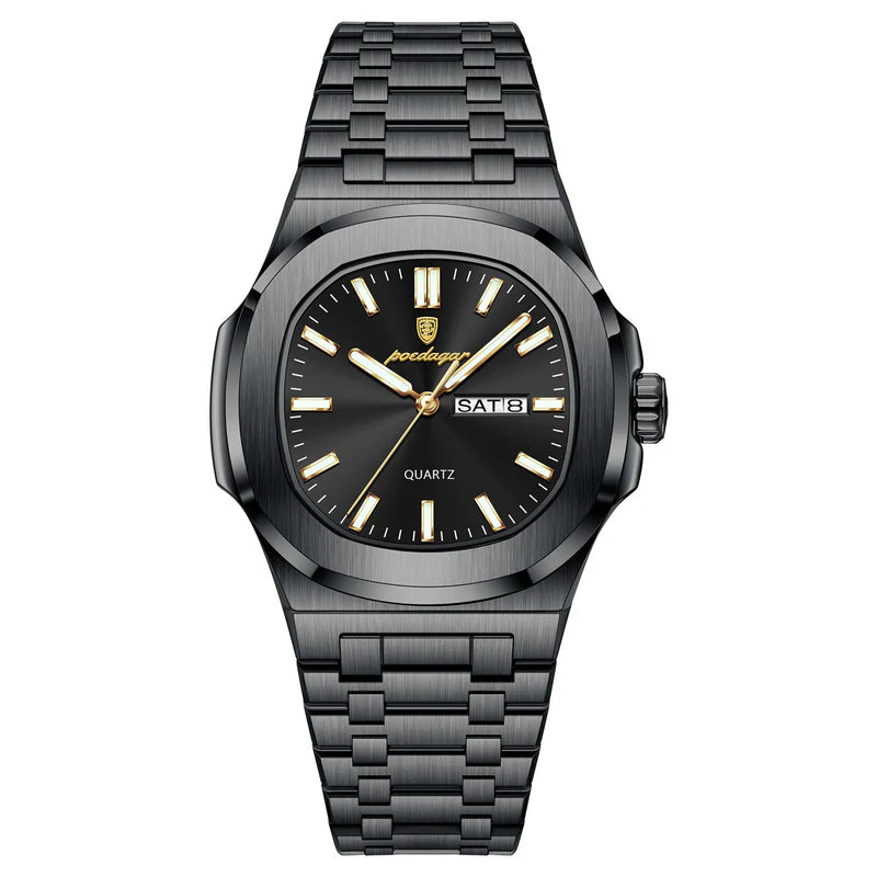 Black wristwatch with a detailed face on a white background