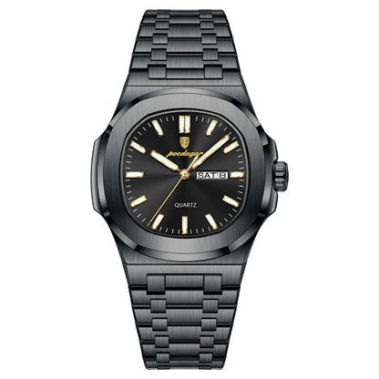 Black wristwatch with a detailed face on a white background