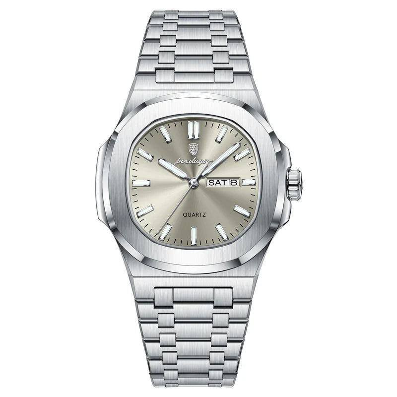 Silver watch with a metallic bracelet on a white background