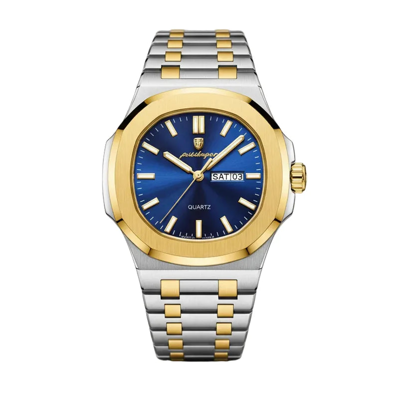Two-tone silver and gold watch with a blue face on a white background