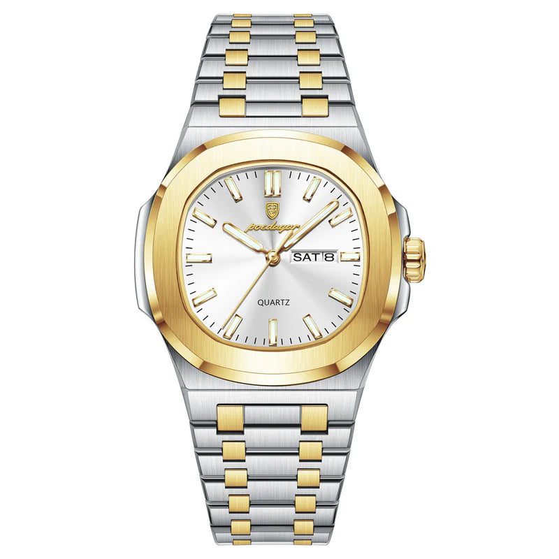 Two-tone silver and gold watch with a white face on a white background