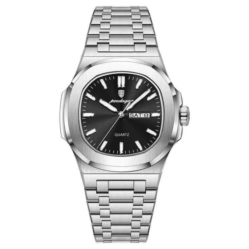 Silver watch with black dial on a white background