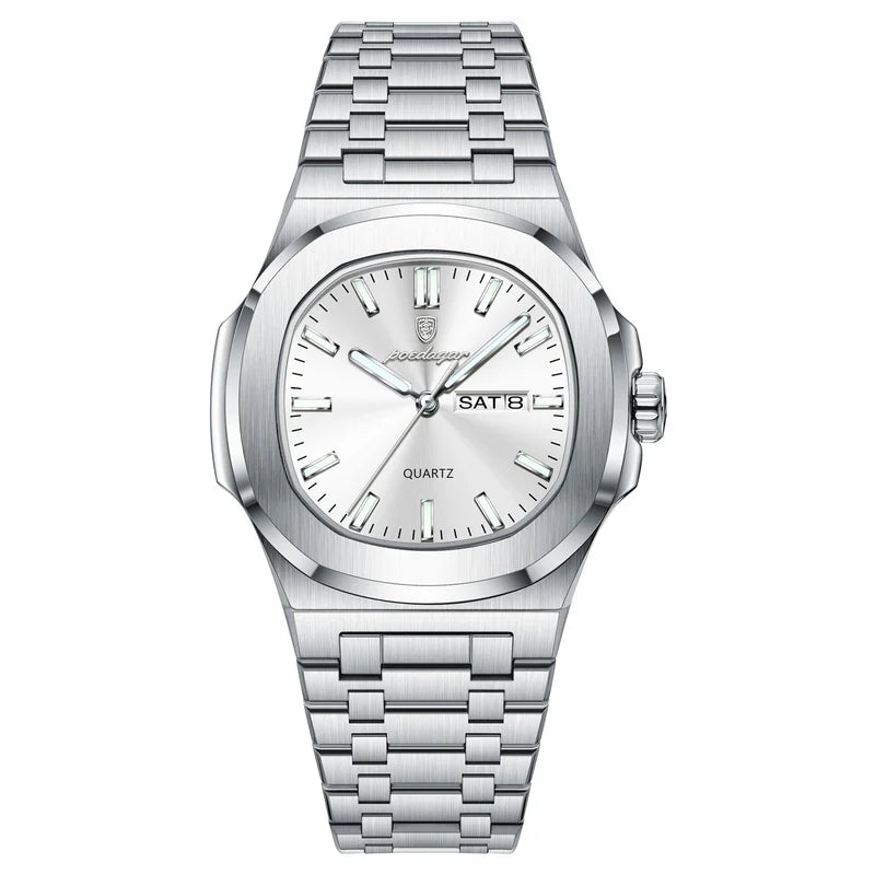 Silver wristwatch with a metallic band on a white background