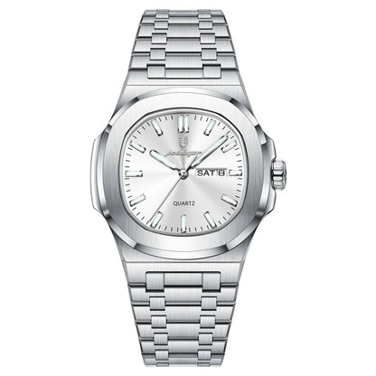 Silver wristwatch with a metallic band on a white background