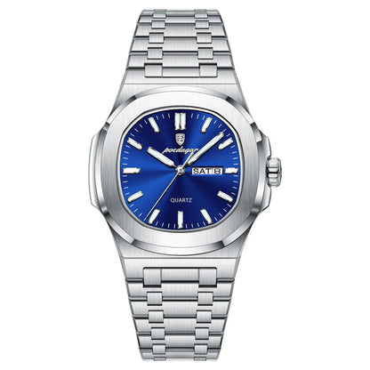 Silver watch with a blue face on a white background