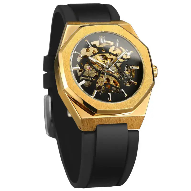Gold watch with black strap on a white background