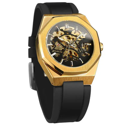 Gold watch with black strap on a white background