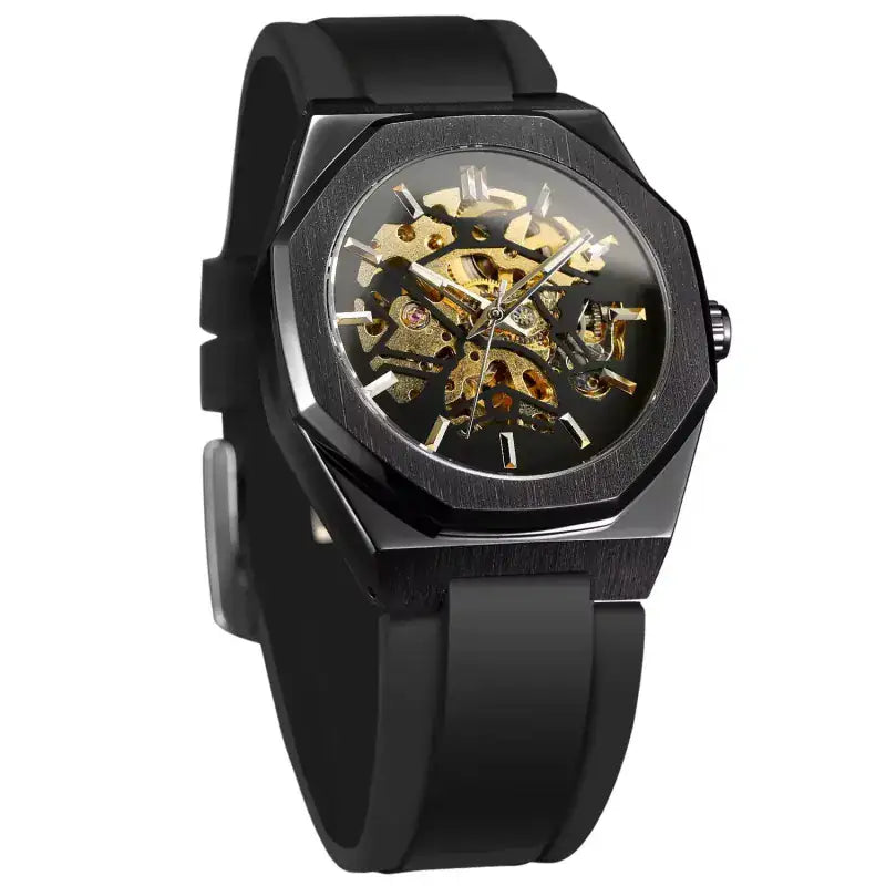 Black wristwatch with a transparent face showing mechanical components on a white background
