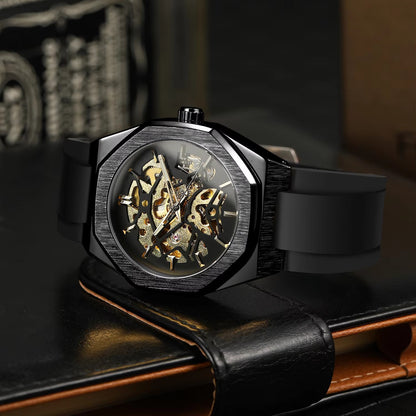 Black wristwatch with a detailed mechanical face on a dark surface