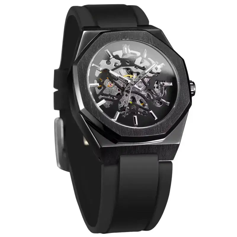 Black wristwatch with a transparent face on a white background