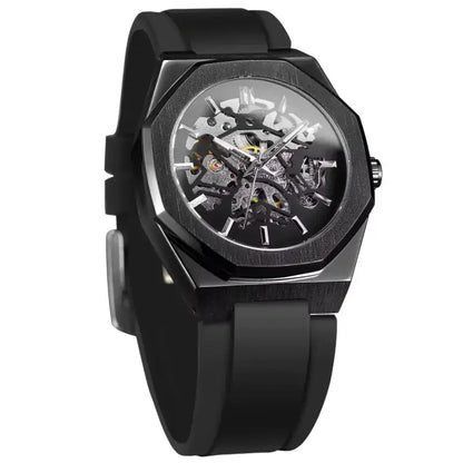 Black wristwatch with a transparent face on a white background