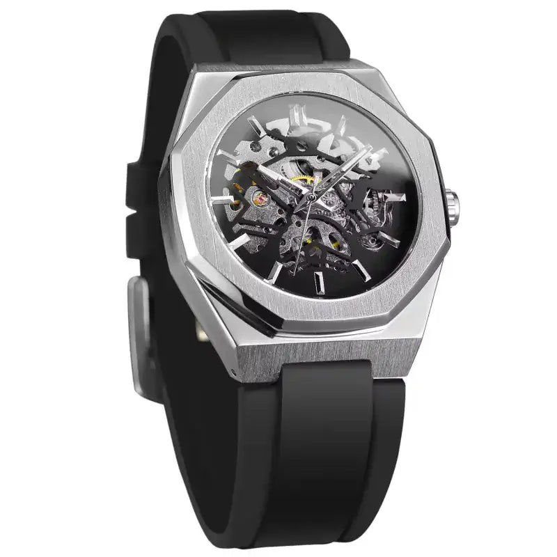 Black wristwatch with a transparent face on a white background