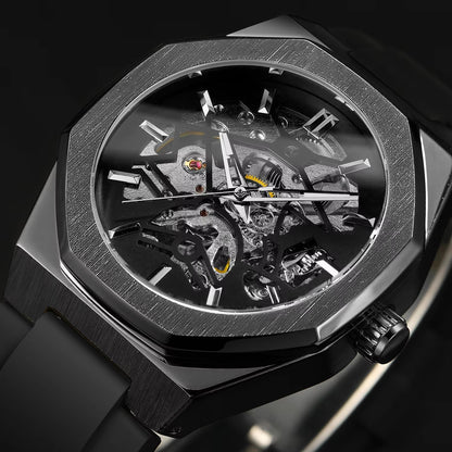 Sleek black wristwatch with a transparent face, revealing intricate mechanical components.