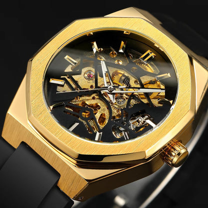 Gold skeleton watch with black face on a dark background