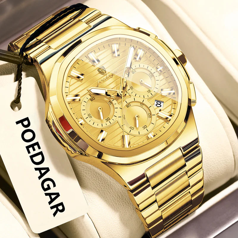 Gold watch with detailed face and bracelet on a white background, featuring the brand 'POEDAGAR'.
