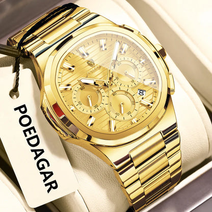 Gold watch with detailed face and bracelet on a white background, featuring the brand 'POEDAGAR'.
