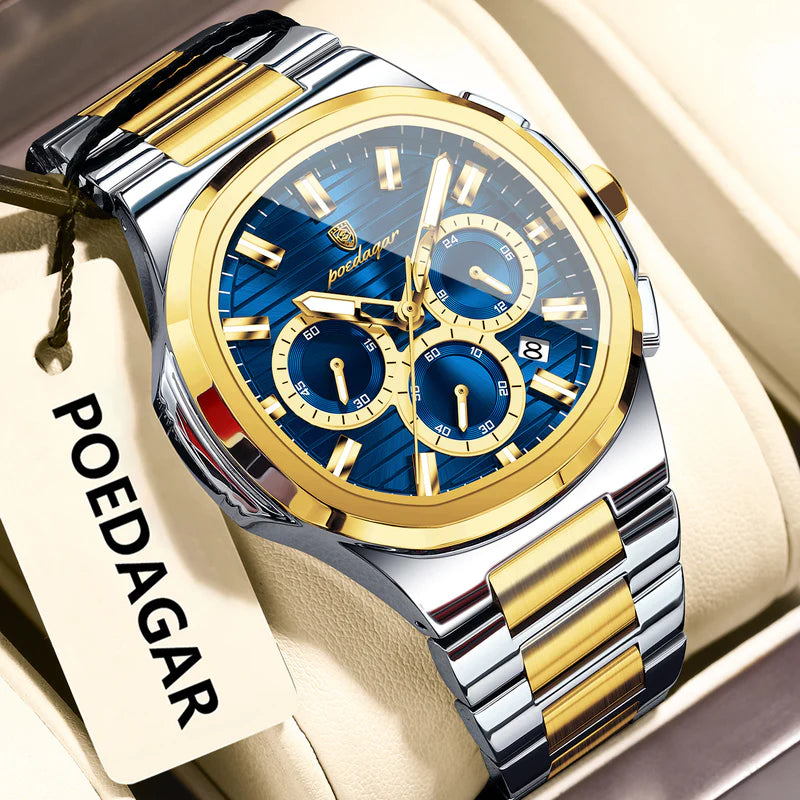 Luxury watch with gold and silver band on a beige background, featuring the brand 'POEDAGAR'.