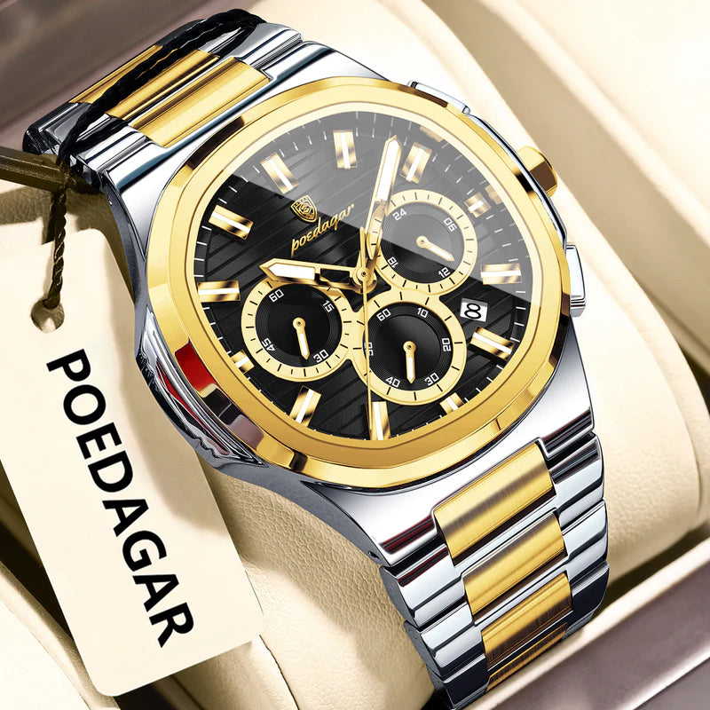Luxury watch with gold and silver band on a beige background, featuring the brand 'POEDAGAR'.