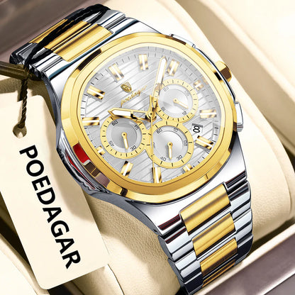 Luxury watch with gold and silver band on a beige background, featuring the brand 'POEDAGAR'.