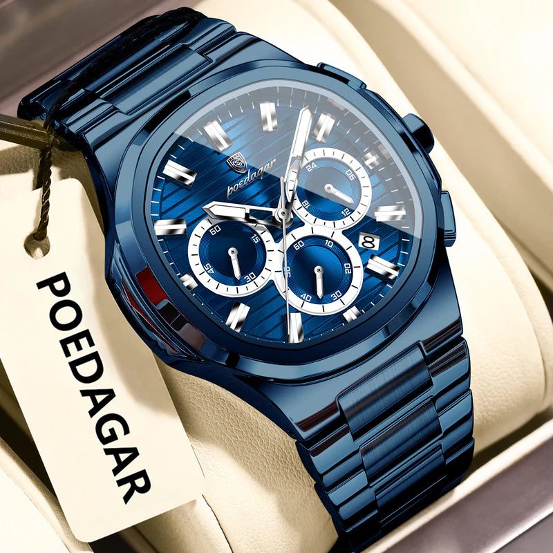 Blue watch with detailed face and metal strap on a beige background, featuring the brand 'POEDAGAR'.