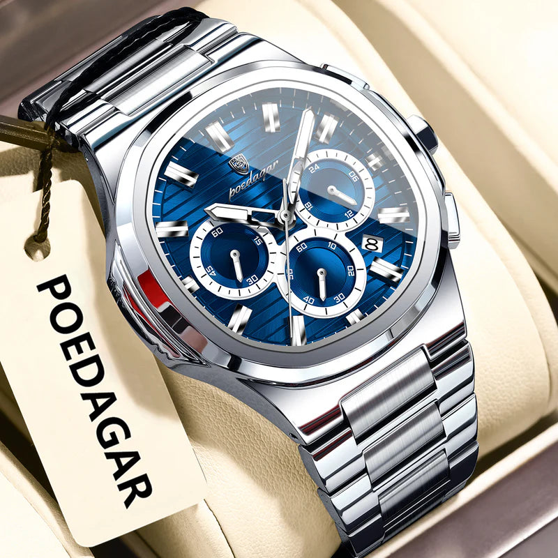 Silver watch with blue face on a beige background, featuring the brand 'POEDAGAR'.