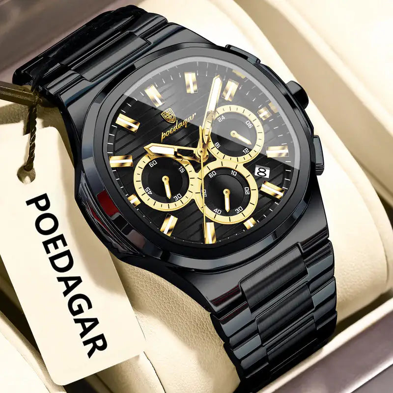 Black and gold watch with 'POEDAGAR' branding on a beige background