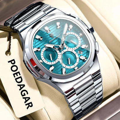 Luxury watch with blue face and silver case on a beige background, featuring the brand 'POEDAGAR'.