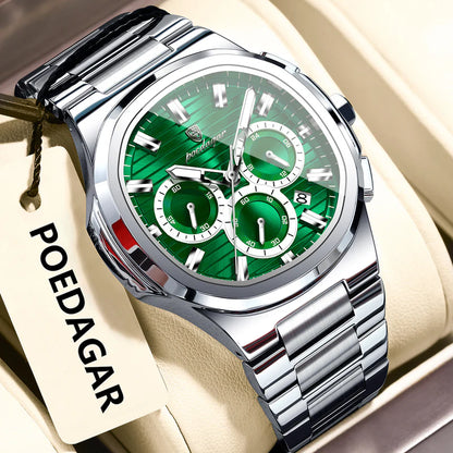 Green watch with silver case and band on a beige background, featuring the brand 'POEDAGAR'.