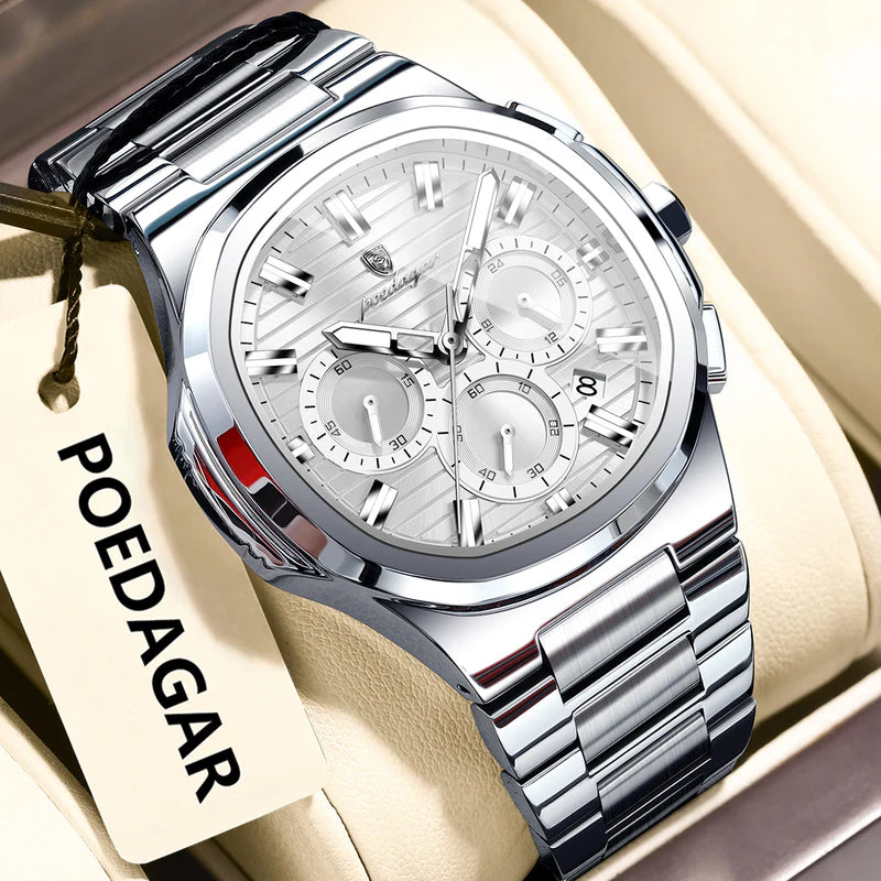 Silver watch with detailed face on a beige background, featuring the brand 'POEDAGAR'.