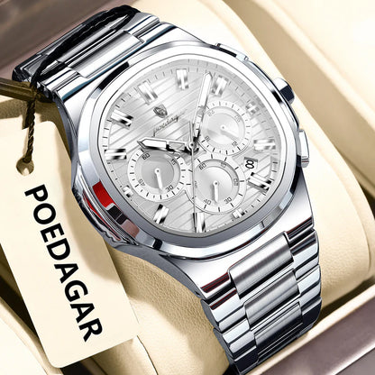 Silver watch with detailed face on a beige background, featuring the brand 'POEDAGAR'.