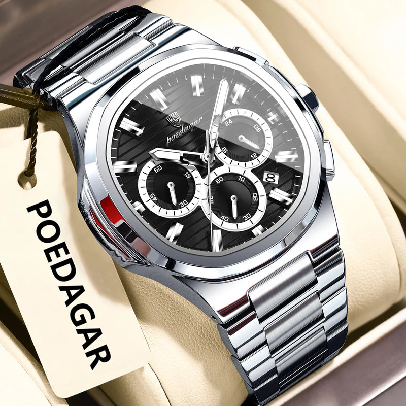Poedagar watch with black dial and silver metal strap on beige background