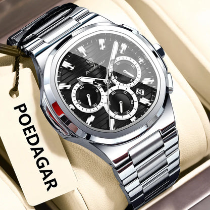 Poedagar watch with black dial and silver metal strap on beige background