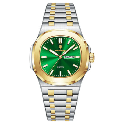 Watch with green face and gold accents on a white background